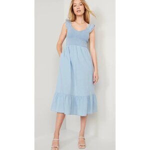 Old Navy Womens Smocked Midi Dress Light Blue And Flare Sleeveless Size L NWT